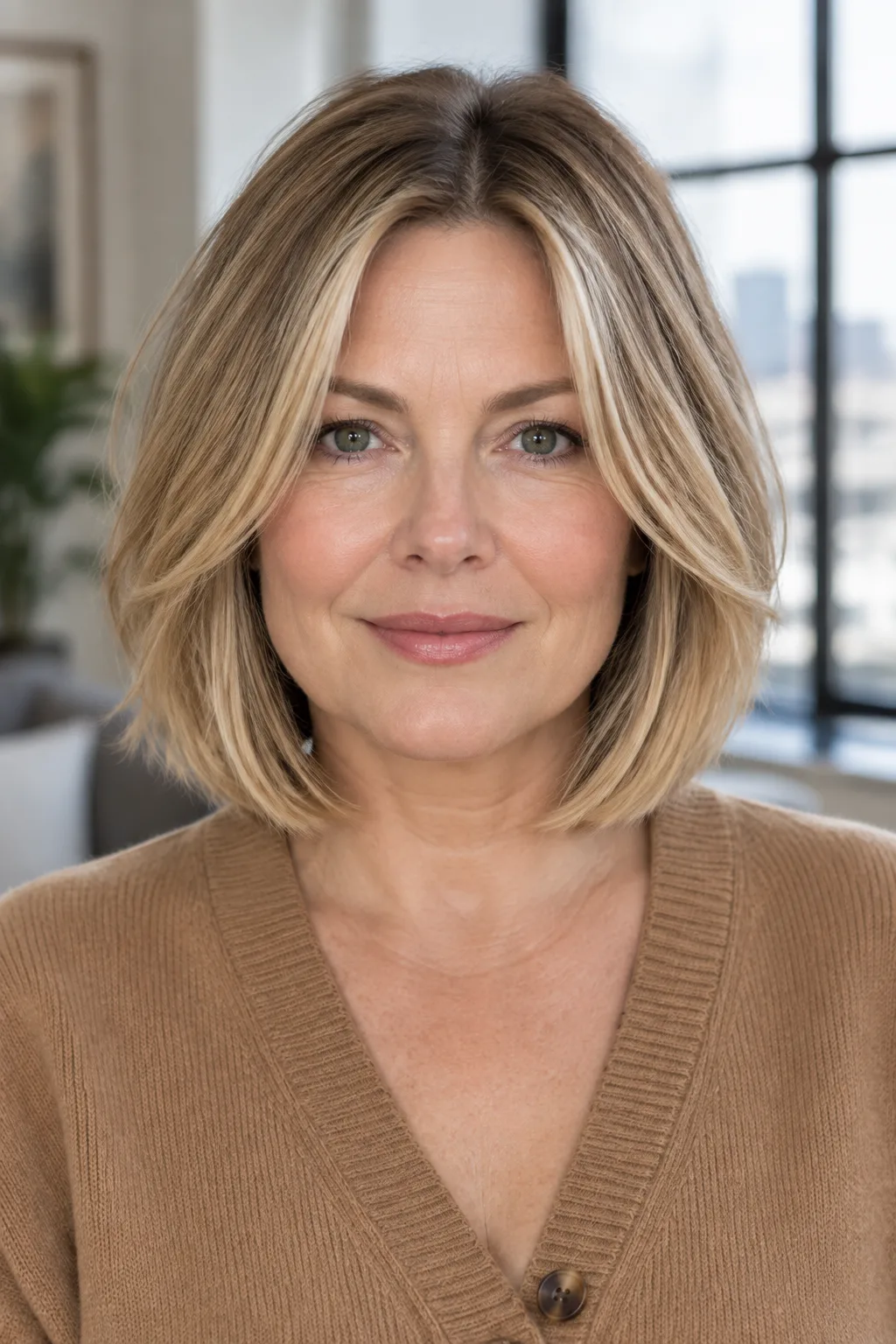 Woman with honey blonde soft angled bob and face-framing layers, front view facing camera