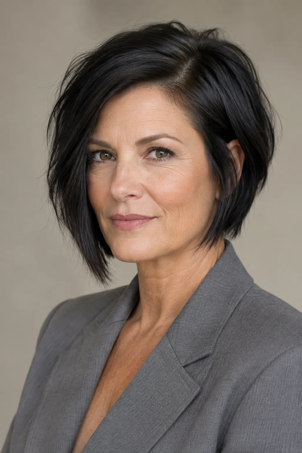 Woman with black high-contrast angled bob and textured stacked nape, three-quarter view facing left