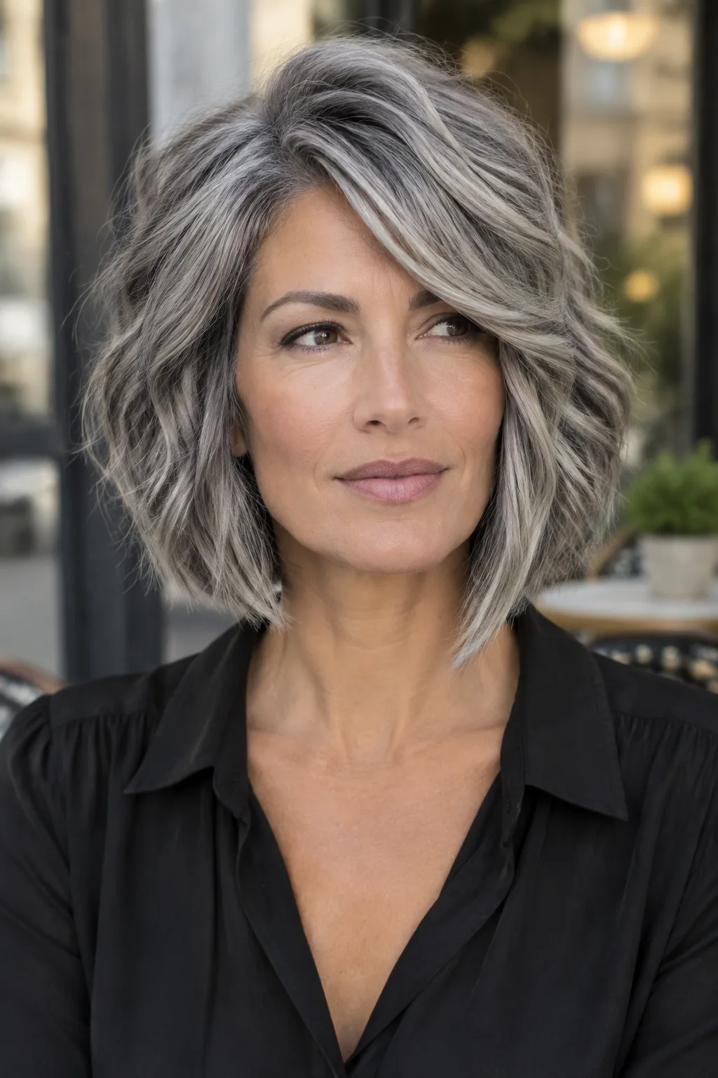 Woman with gray dramatic angled bob and long front points, front view gazing off-camera right