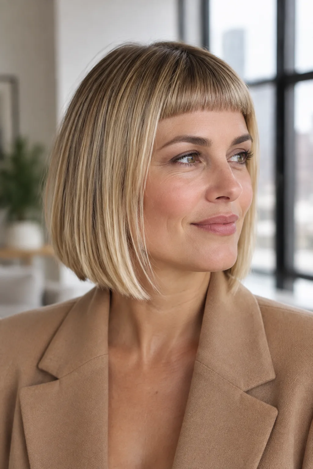 Woman with blonde angled bob and micro bangs, three-quarter view facing right