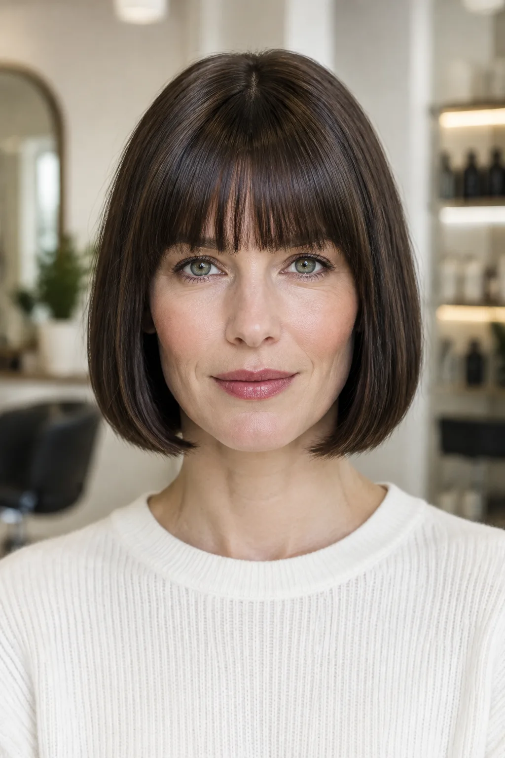 Woman with a classic blunt bob and straight blunt bangs facing the camera in a salon