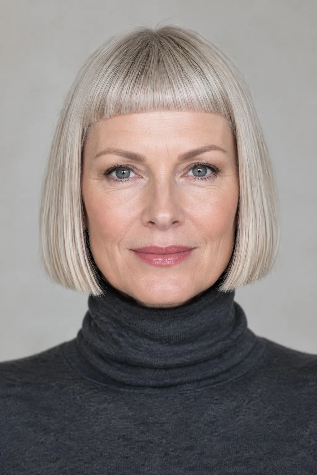 Woman with a sleek ash blonde bob and short micro bangs facing the camera directly