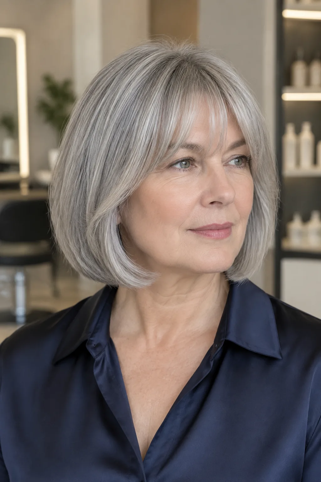 Woman with a silver gray bob and arched bangs facing right in profile lighting