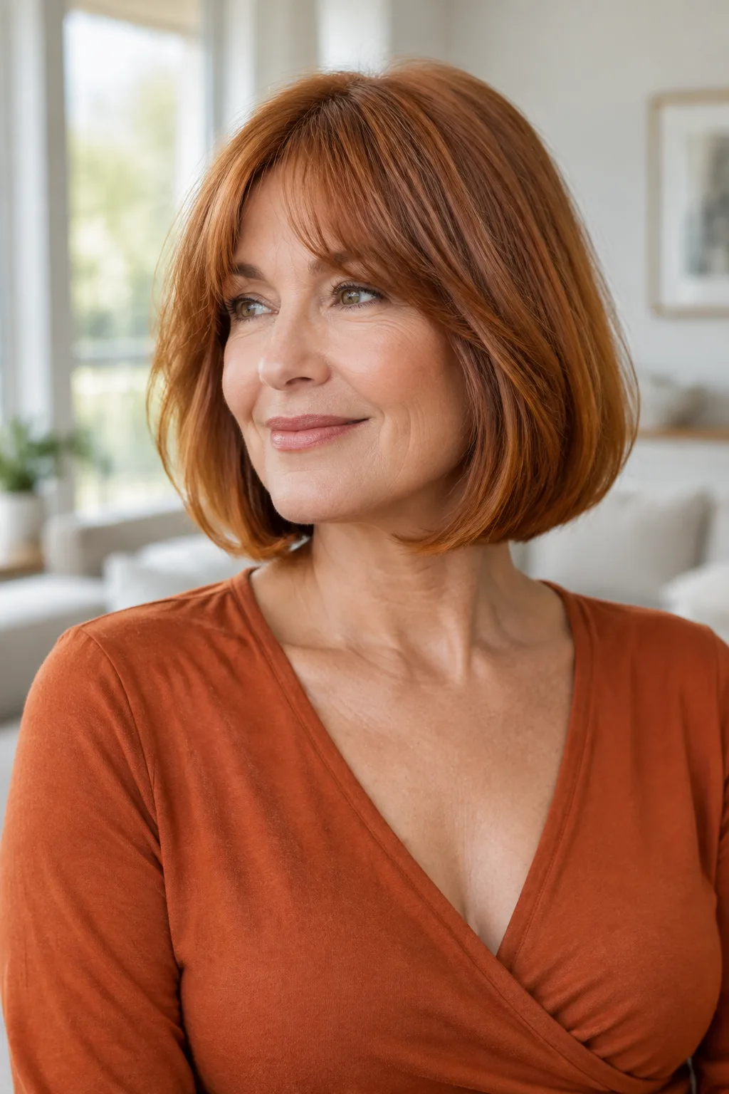 Woman with a copper toned bob and bardot style bangs turned three quarters to the left