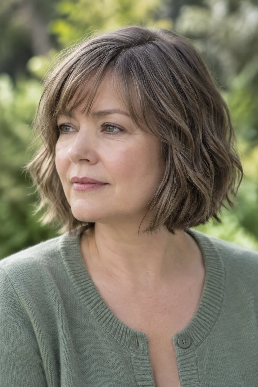 Woman with an ash brown bob and wispy side swept bangs shown in slight three quarter view facing left