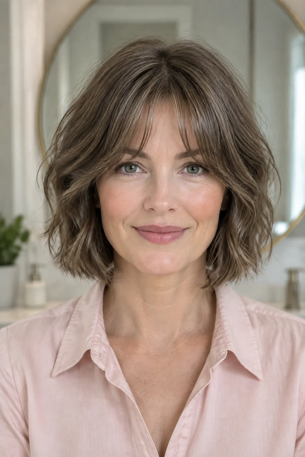 Ash brown chin-length bob with airy curtain bangs, woman looking directly at the camera