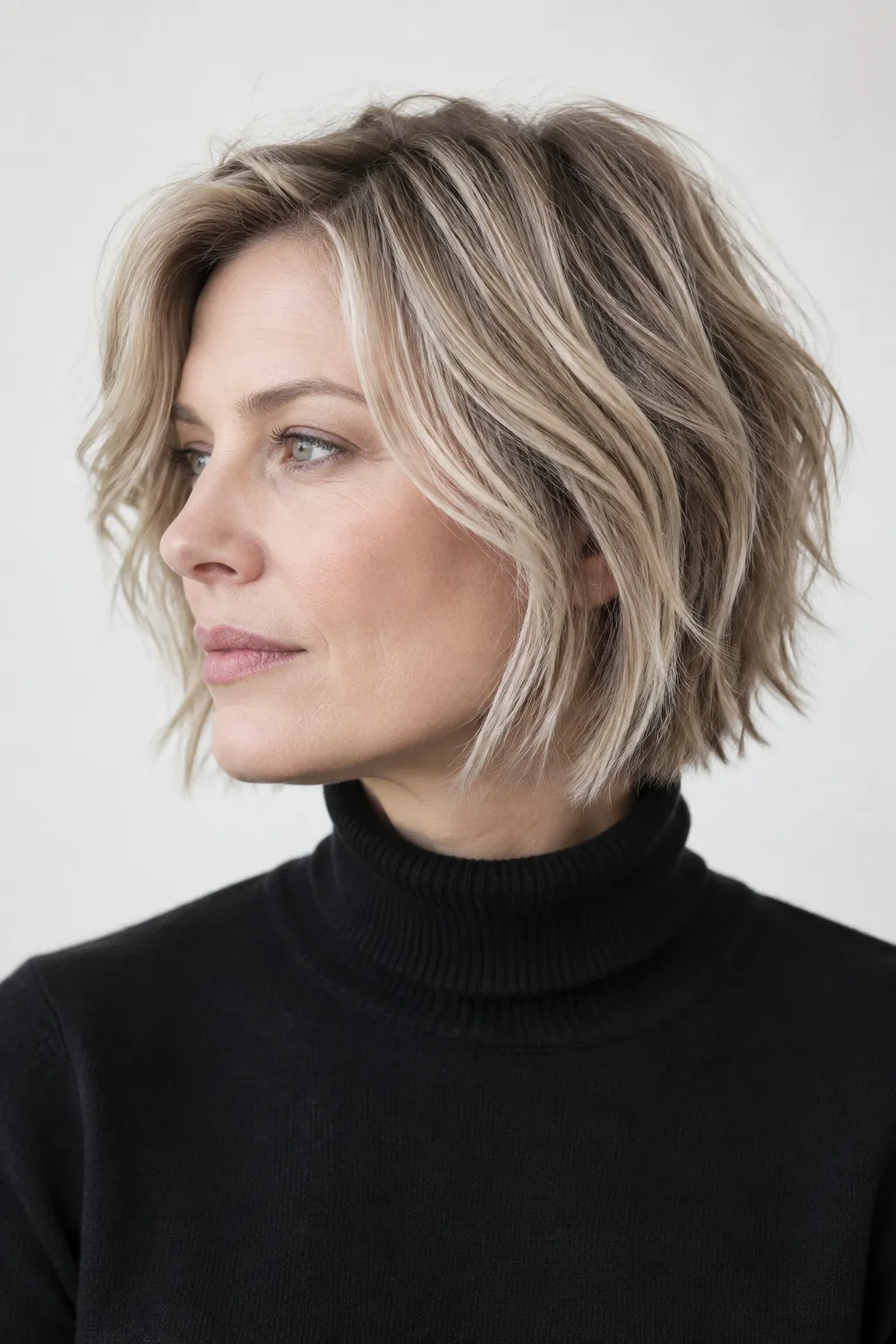 Woman with an ash blonde choppy chin-length shag shown in profile looking away