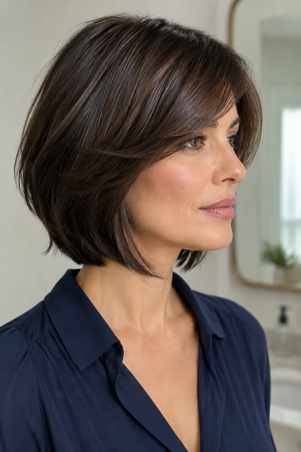 Woman with a sleek dark brown chin-length shag shown in profile facing right
