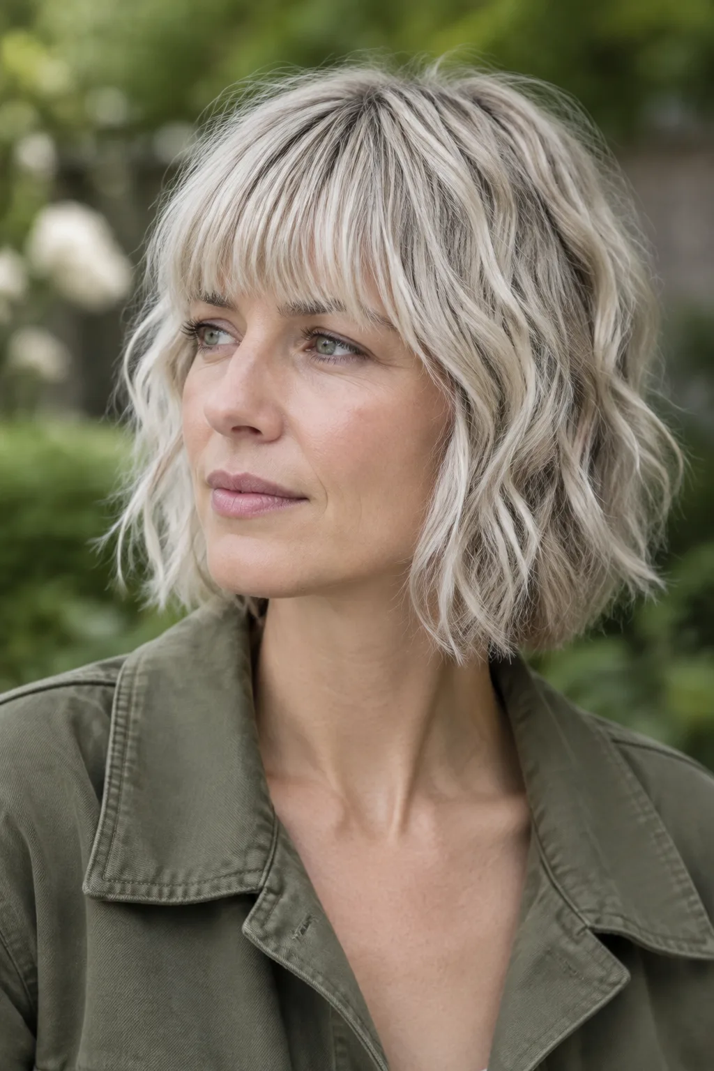 Woman with platinum chin-length shag and blunt bangs looking off to the side