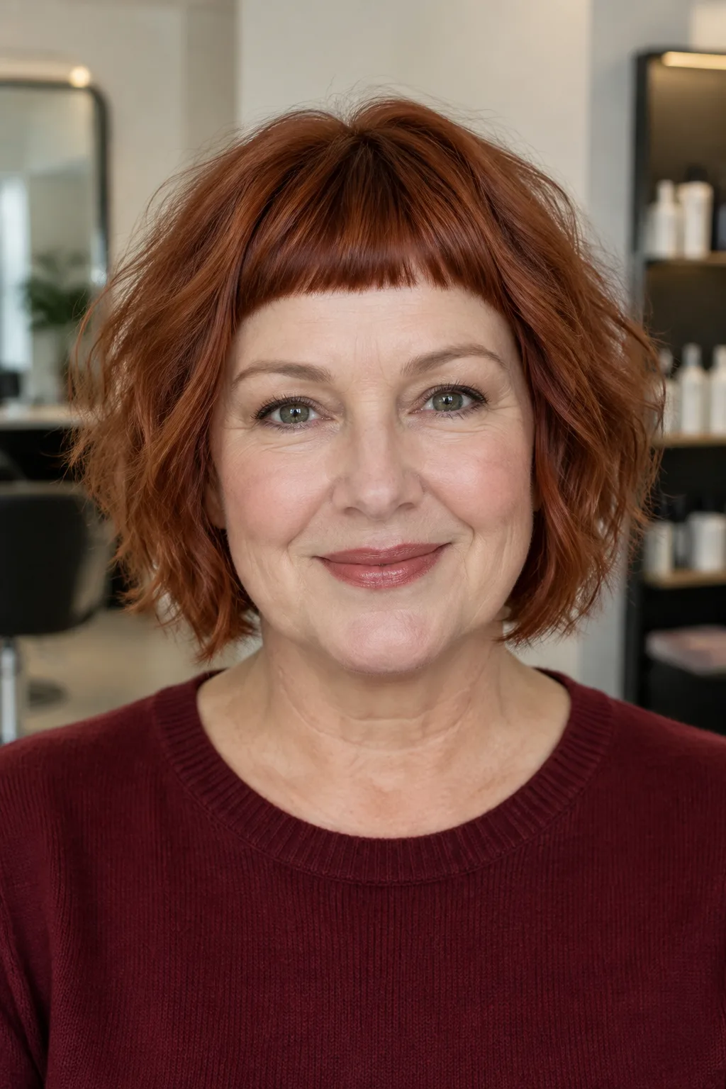 Woman with red shaggy chin-length bob and micro bangs facing forward smiling