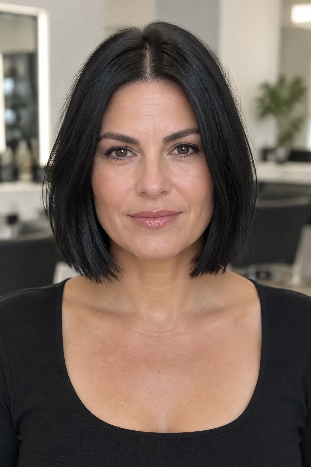 Woman with black straight chin-length shag and blunt ends facing the camera