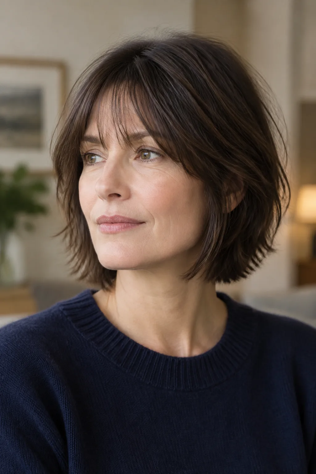 Woman with dark brown chin-length shag and see-through bangs looking off to one side