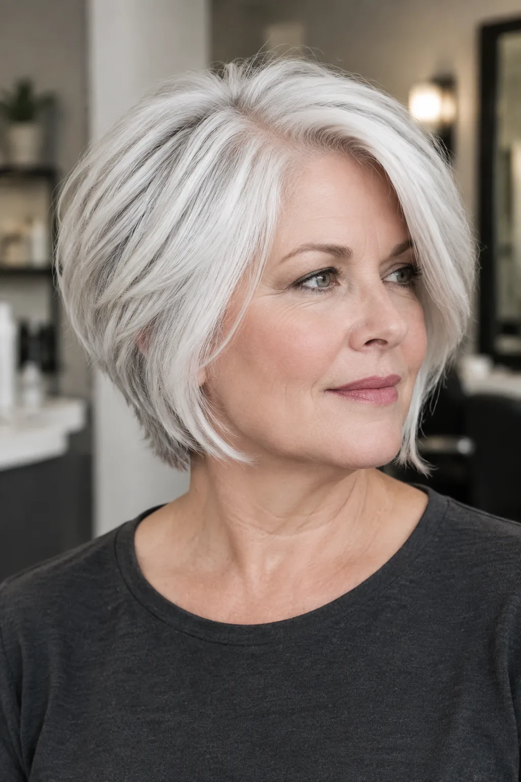 Woman with white chin-length shag and stacked back layers looking away to the right