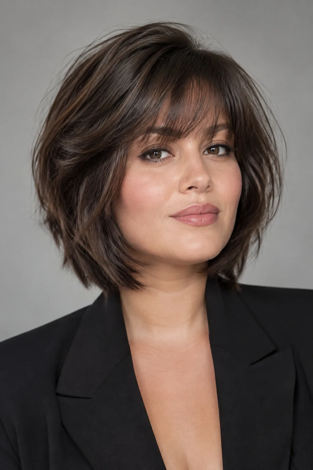 Woman with a stacked choppy brunette bob and feathered brow-grazing bangs
