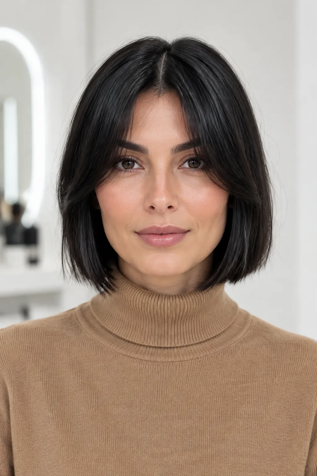 Woman with a sleek blunt chin-length bob and center-parted curtain bangs