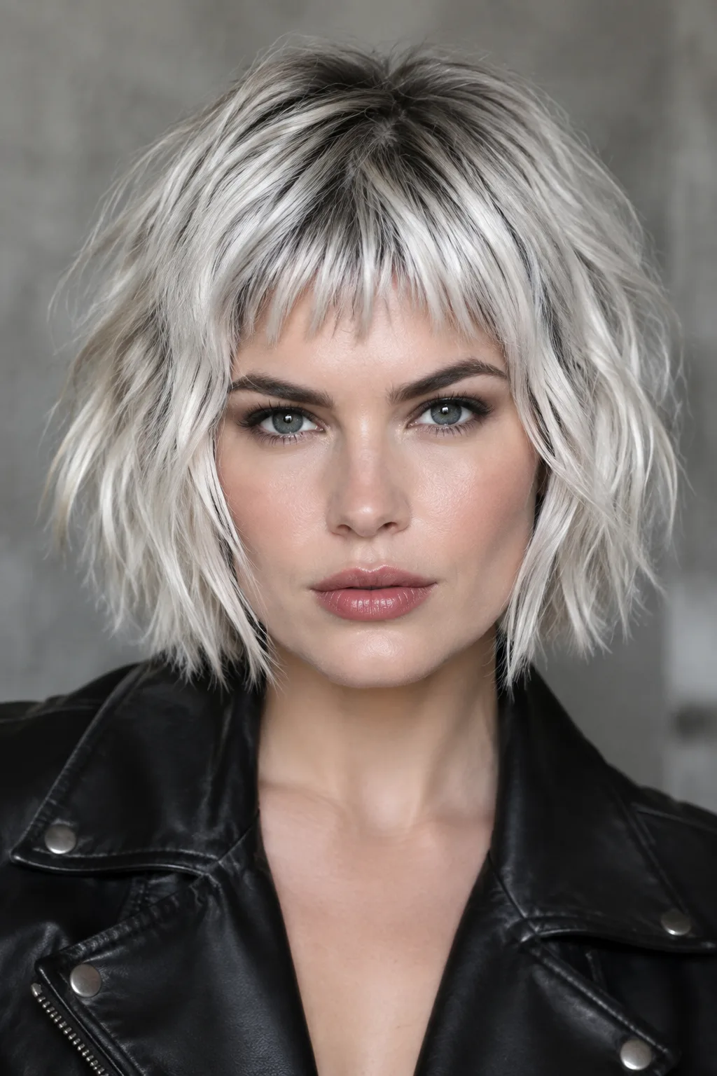 Woman with a razor-cut choppy bob and bold short micro bangs