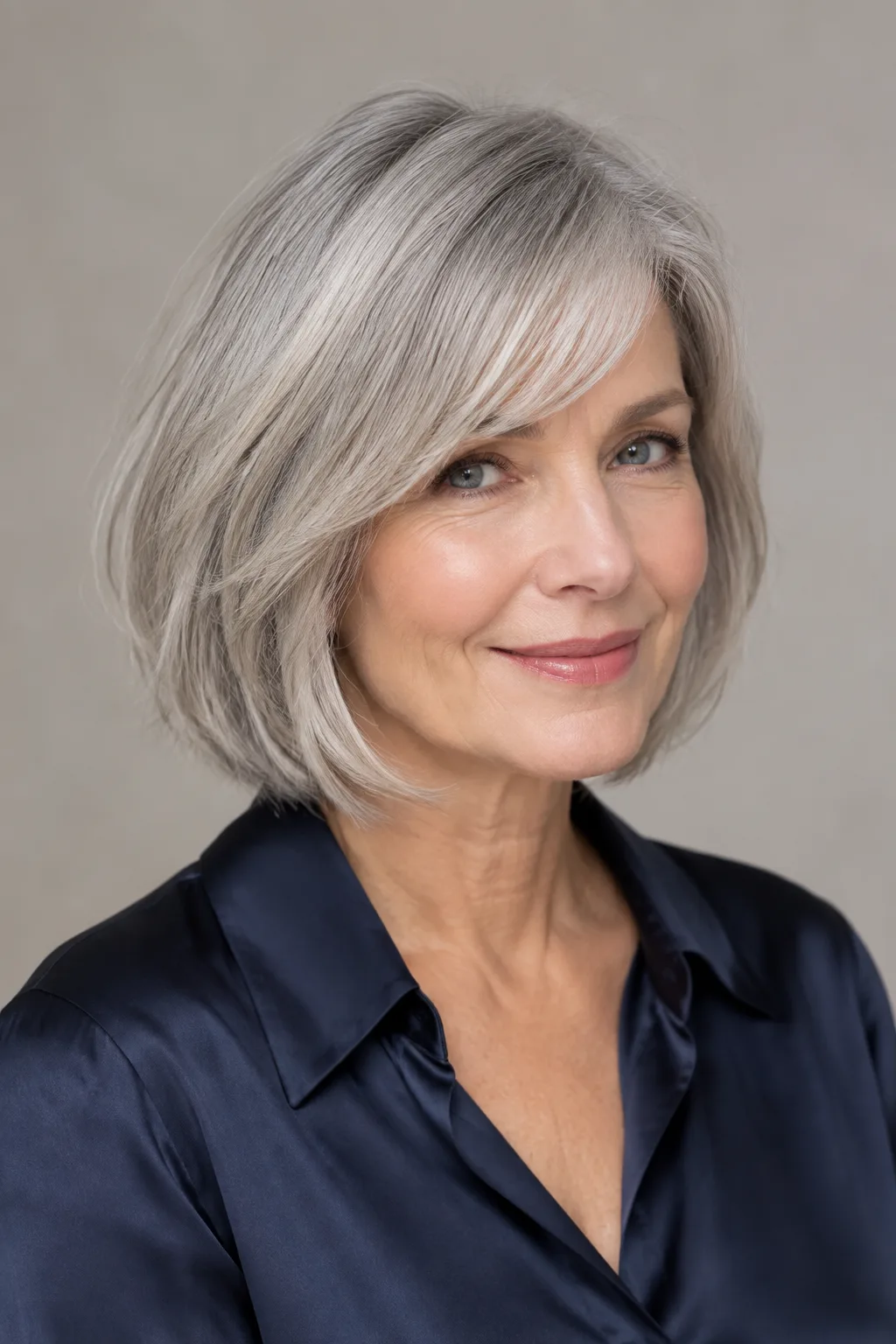 Mature woman with a silver gray choppy bob and long side-parted fringe