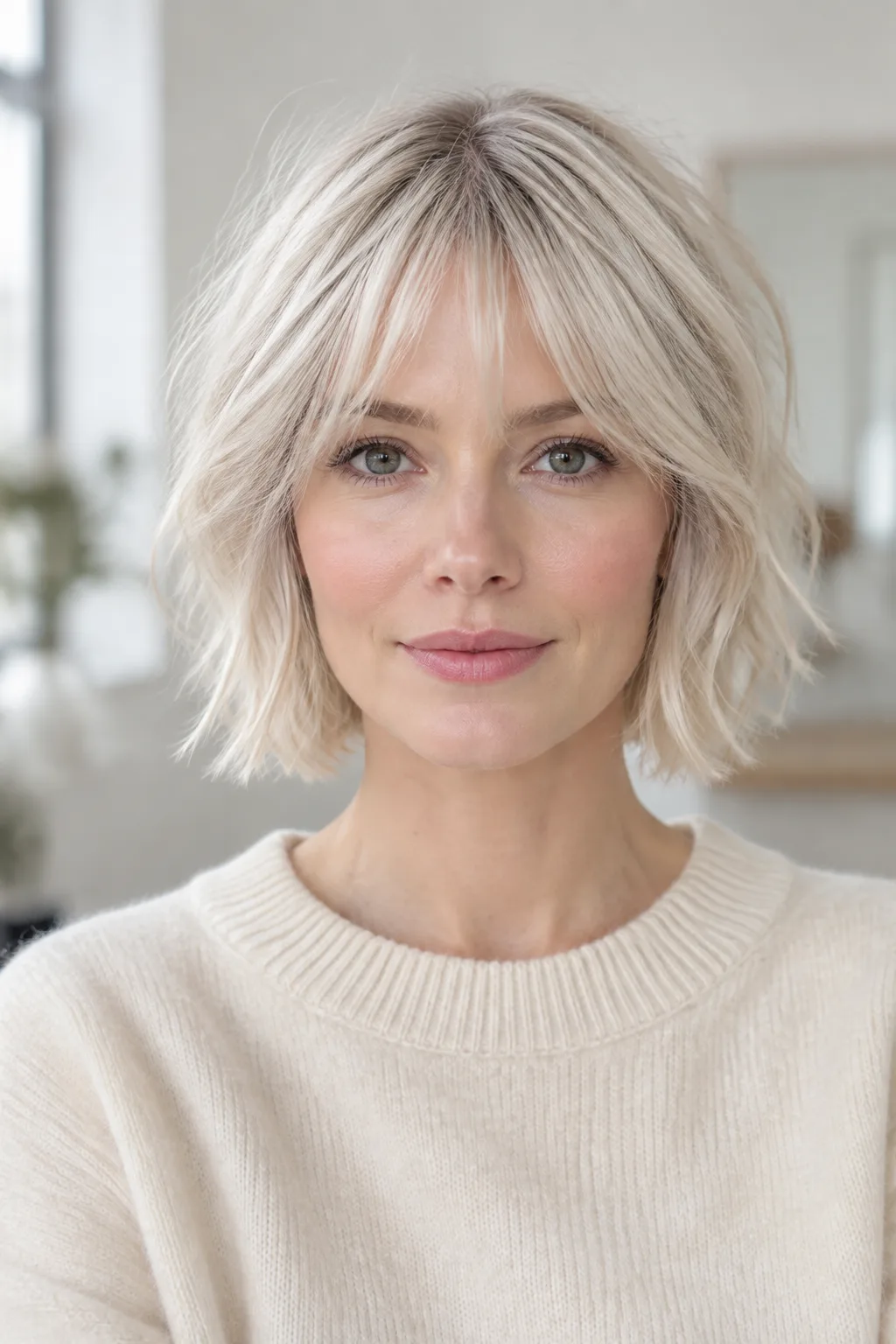 Woman with a platinum blonde bob and thin see-through bangs