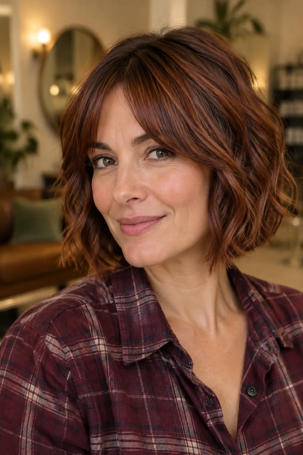 Woman with a wavy auburn bob and center-parted bottleneck bangs