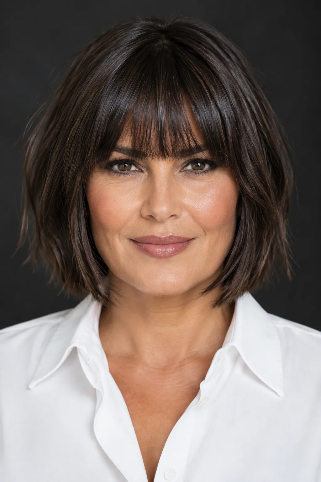 Woman with a deep espresso brunette bob and blunt straight-across bangs