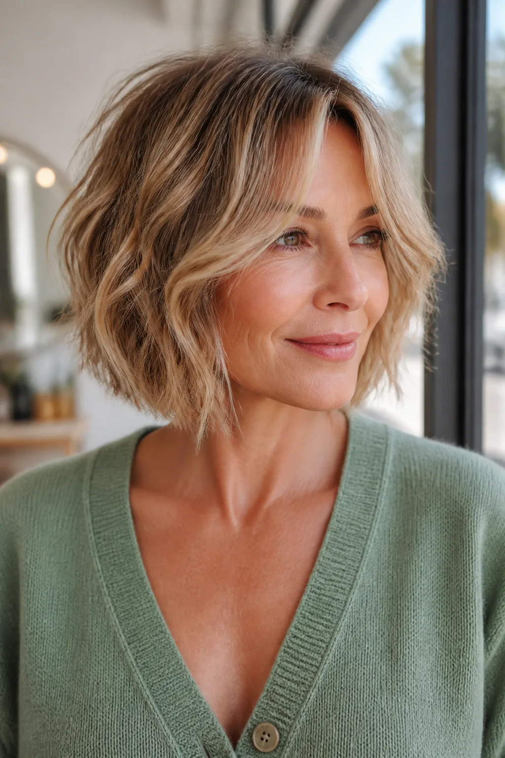 Woman with a honey blonde bob and center-split curtain-style bangs