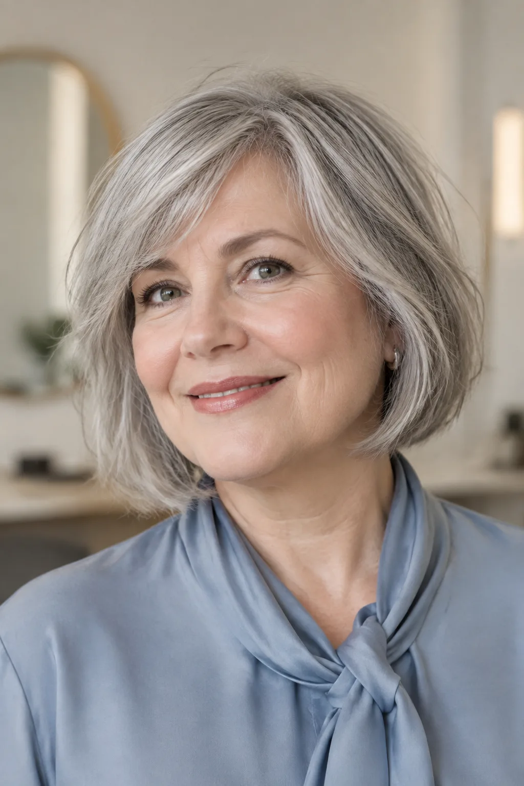 Older woman with a fine gray choppy bob and gently arched bangs