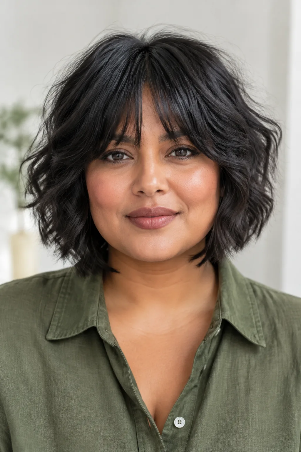 Woman with a thick textured bob and brow-grazing bangs framing the face