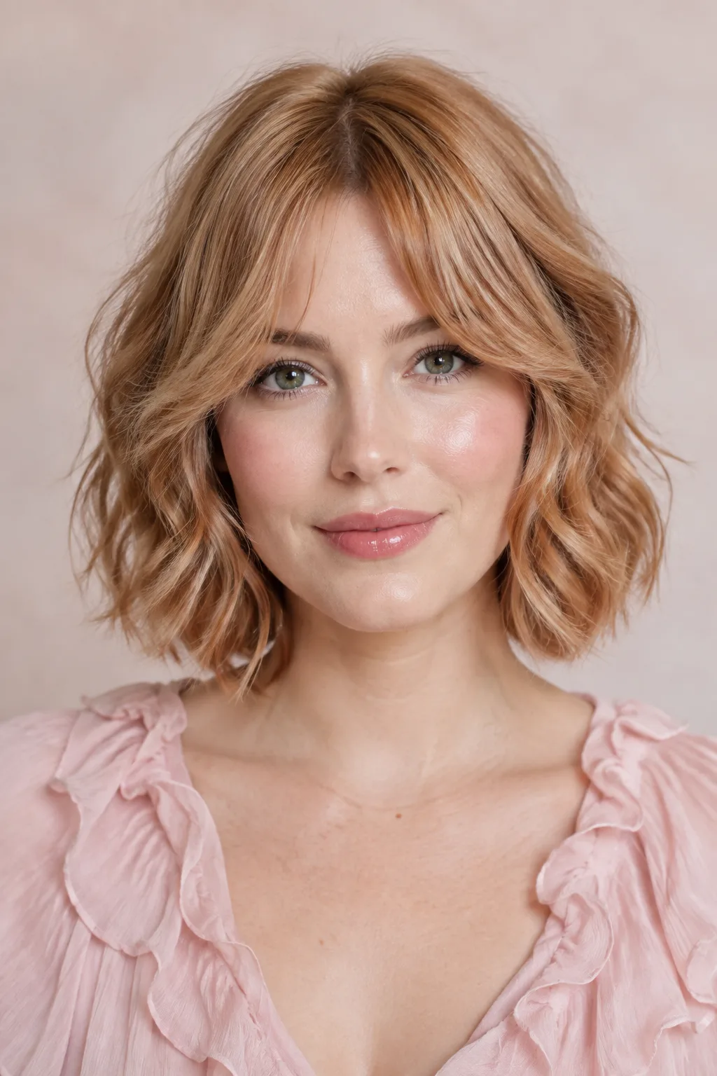 Young woman with a strawberry blonde bob and long parted curtain bangs