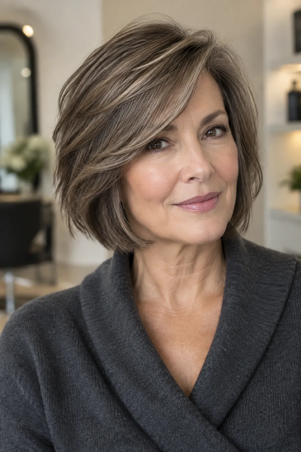 Woman with an ash brown choppy bob and long side-swept bangs