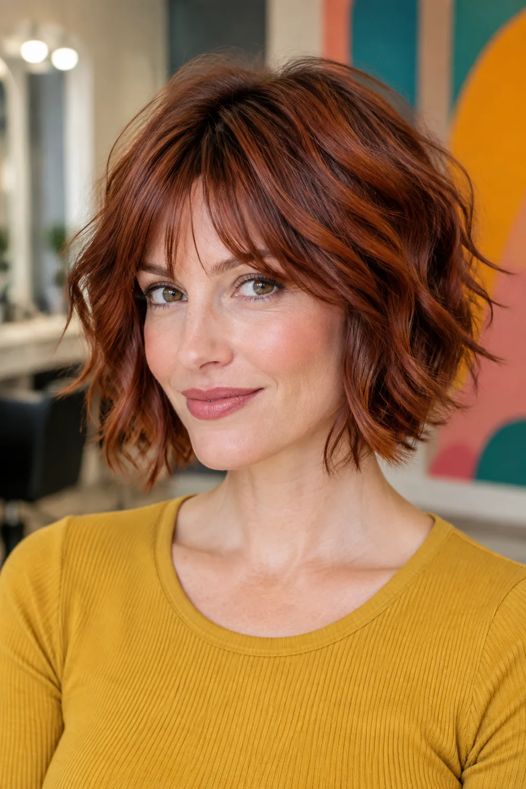 Mature woman with a vivid red choppy bob and loose wispy fringe