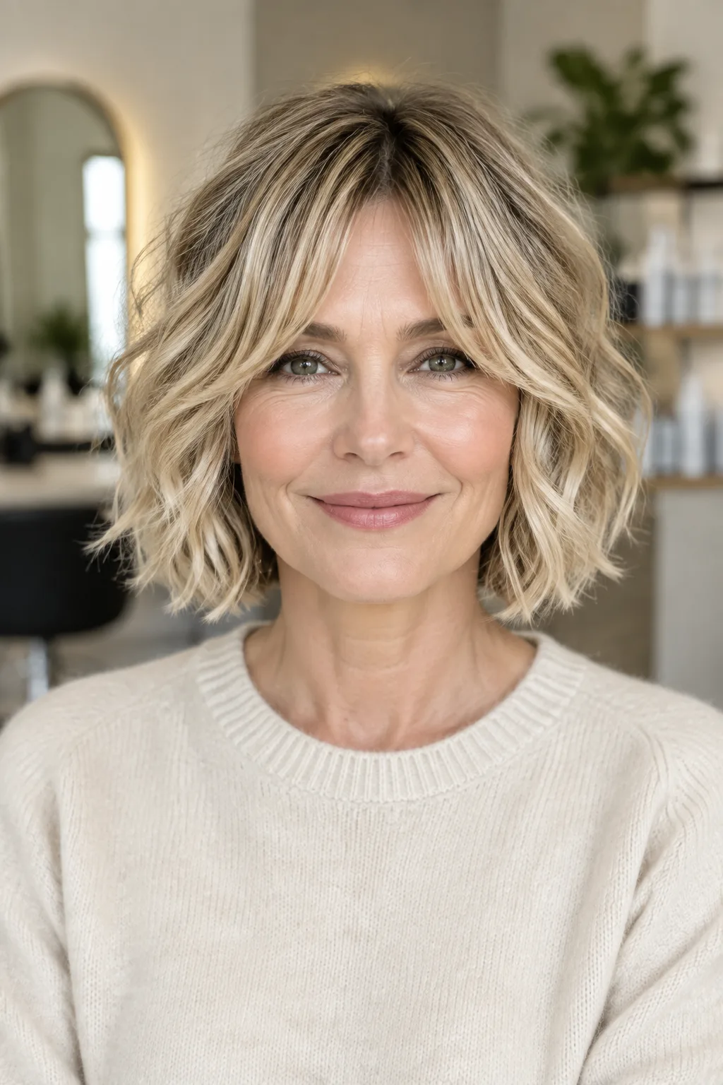 Blonde choppy bob with wispy curtain bangs on a woman over 50 facing the camera