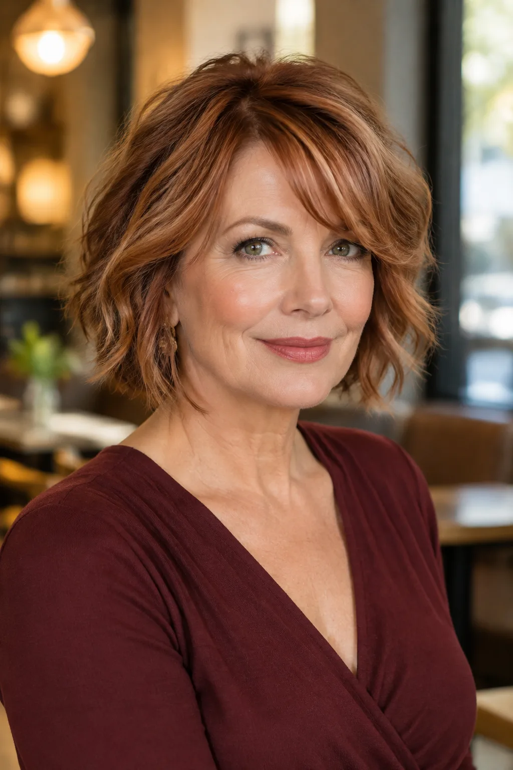 Copper choppy bob with side-swept bangs on a woman over 50 turned toward the camera