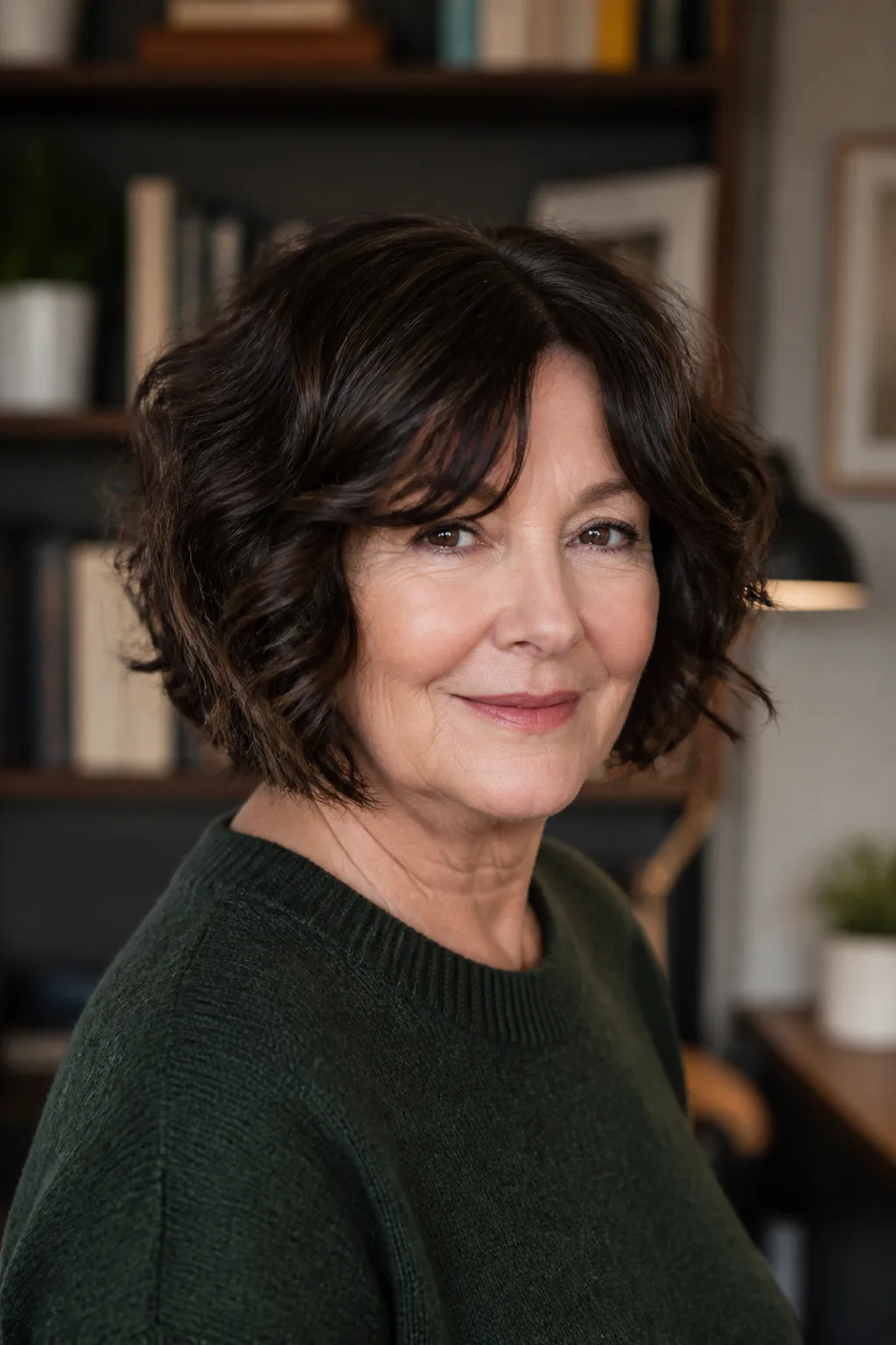 Rich espresso choppy bob with curtain fringe on a woman over 50 turned toward the camera