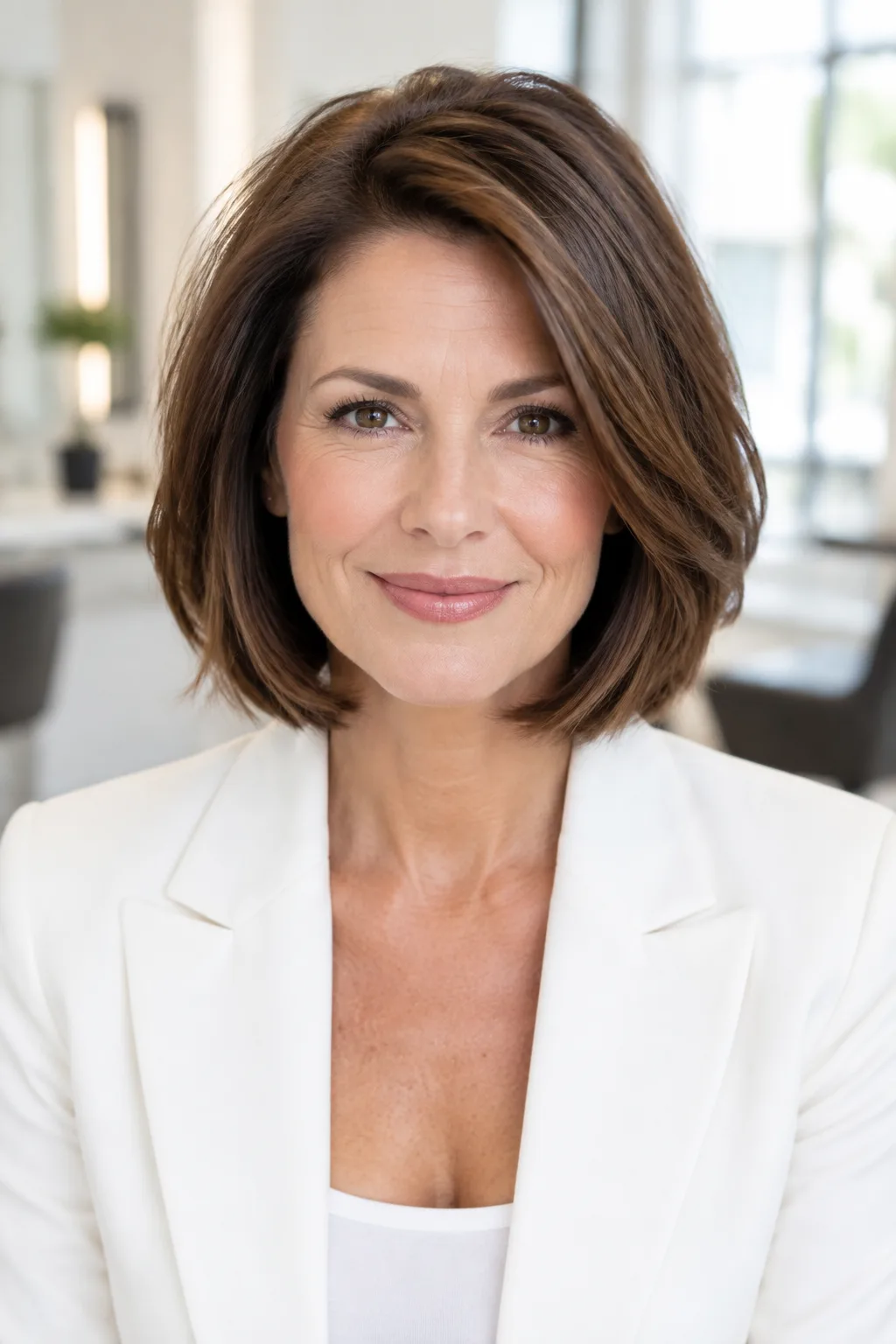 Woman over 50 with dark brown chin-length stacked bob showing rounded volume at the crown
