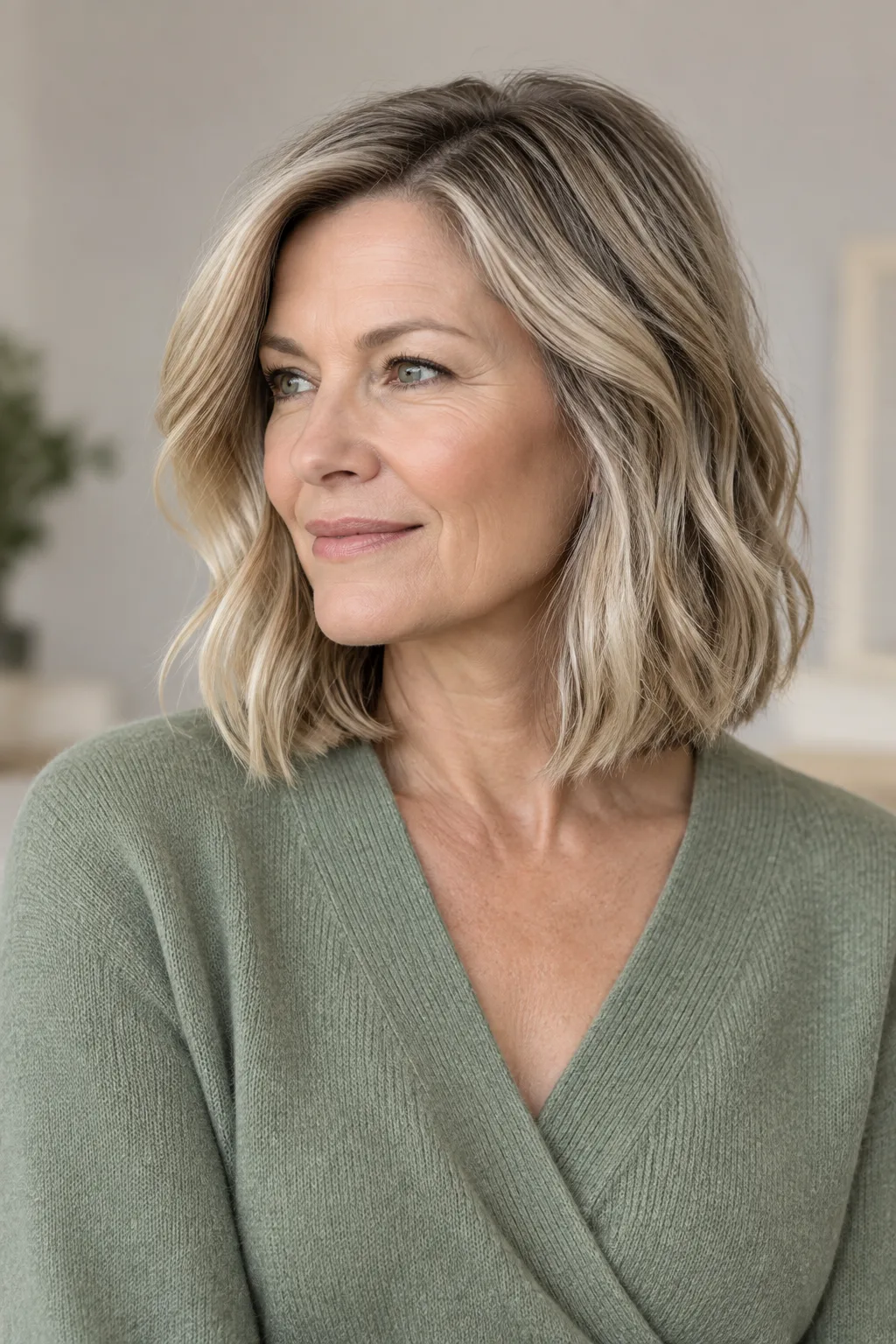 Ash blonde graduated stacked bob on woman over 50 facing left with blunt ends