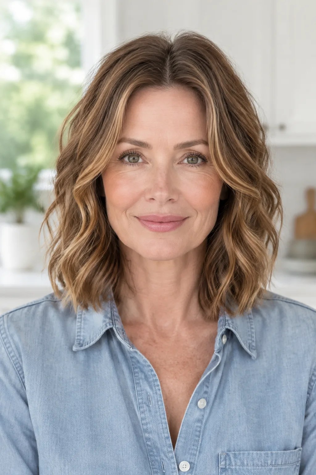 Light brown wavy stacked bob with soft layers on smiling woman facing camera
