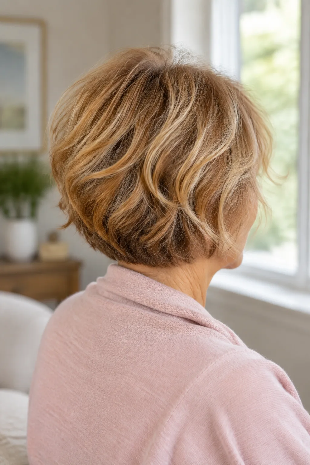 Rear three-quarter view of strawberry blonde stacked bob with shingled layers