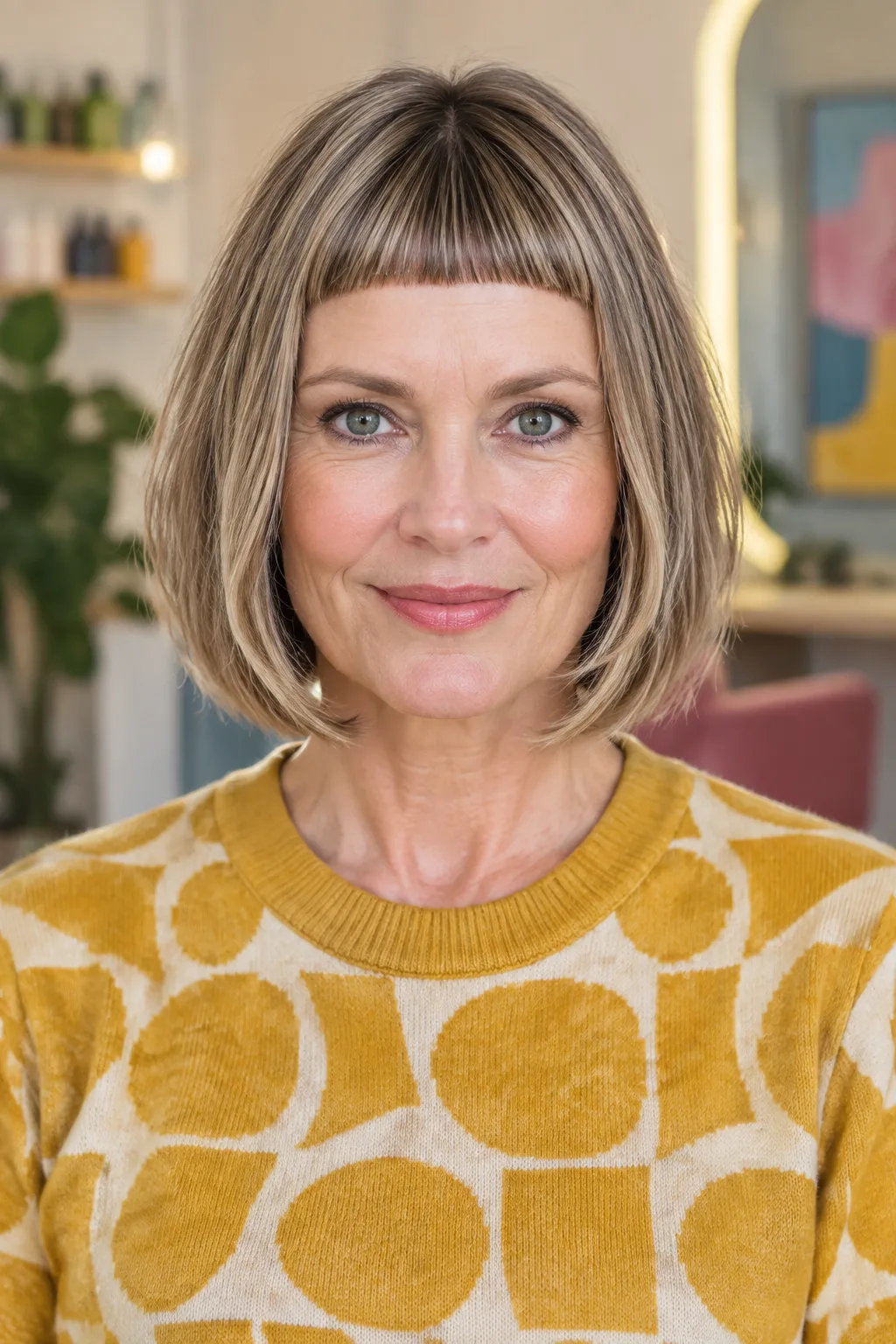 Dark blonde stacked bob with blunt micro bangs facing the camera