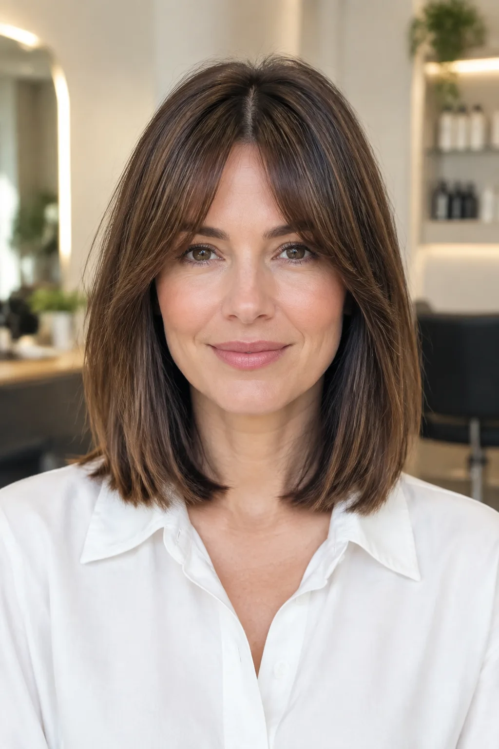 Woman with a blunt collarbone-length bob and wispy curtain bangs facing forward