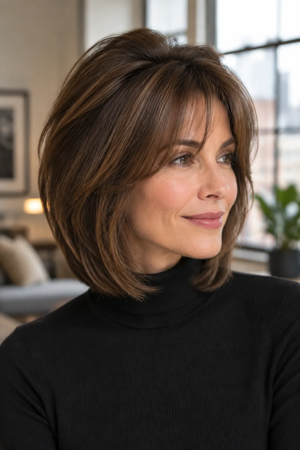 Woman with a stacked back bob and wispy see-through bangs facing right