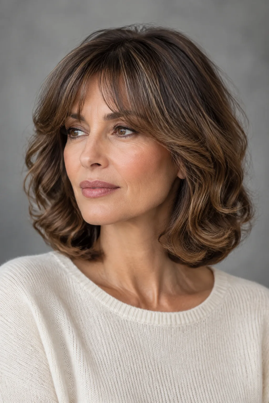 Woman with a rounded bob and Bardot-style parted bangs facing left off camera