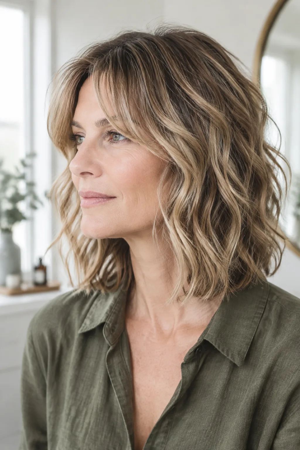 Woman with a wavy lob and center-parted curtain bangs in profile against a plain backdrop