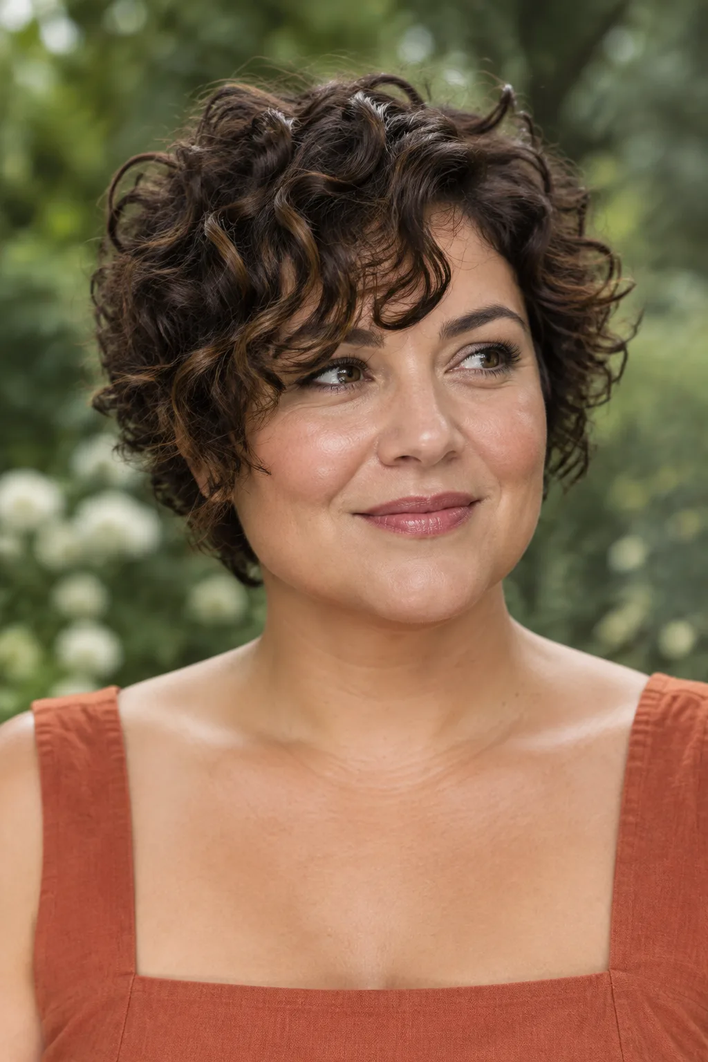 Woman with a curly cropped pixie and curtain bangs facing front looking off camera to the right