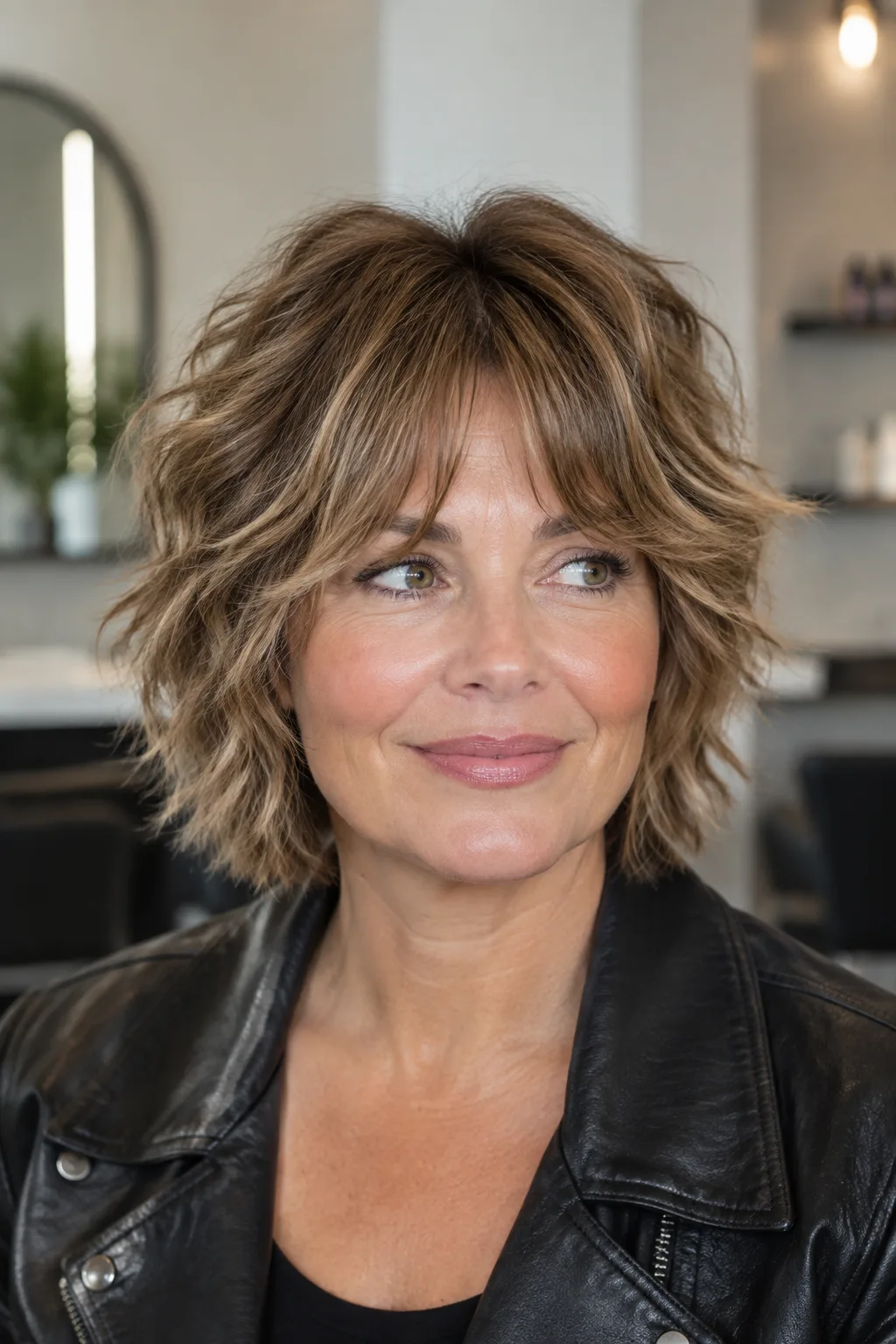 Woman with a choppy layered shag haircut and curtain bangs looking off camera to the right