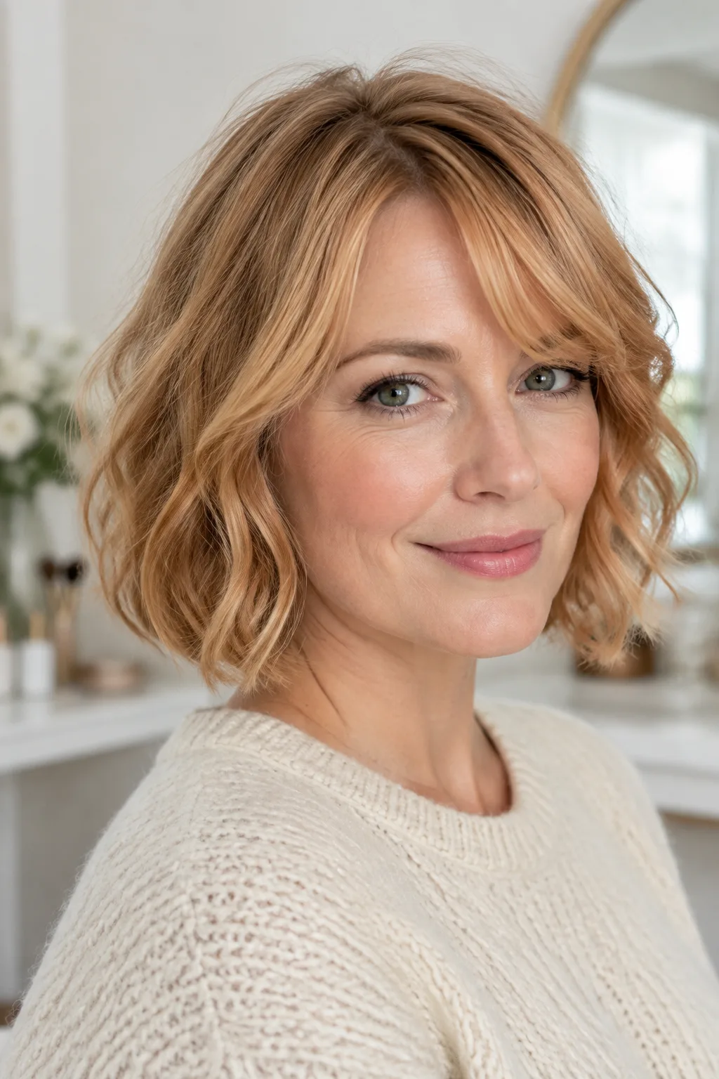 Woman with a strawberry blonde bob and soft curtain fringe facing right looking toward camera