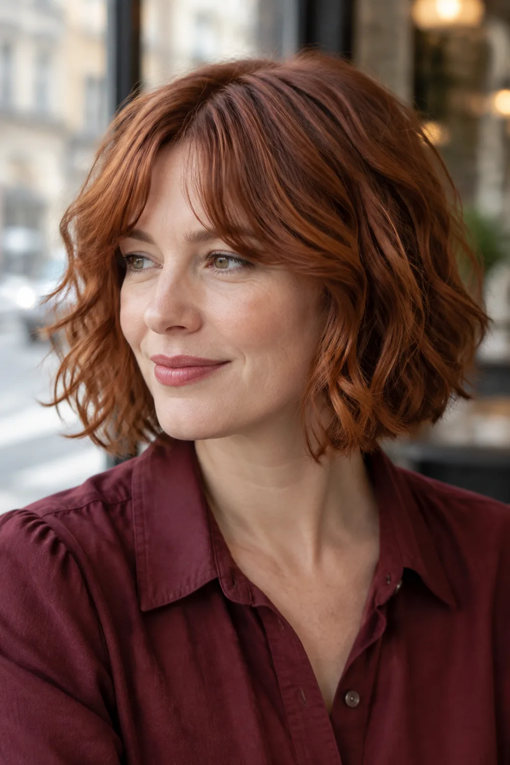 Woman with a red wavy bob and curtain bangs facing left with a soft off camera gaze