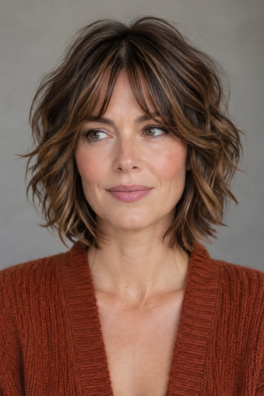 Woman with a warm brunette shag haircut and curtain bangs facing front looking off camera to the left