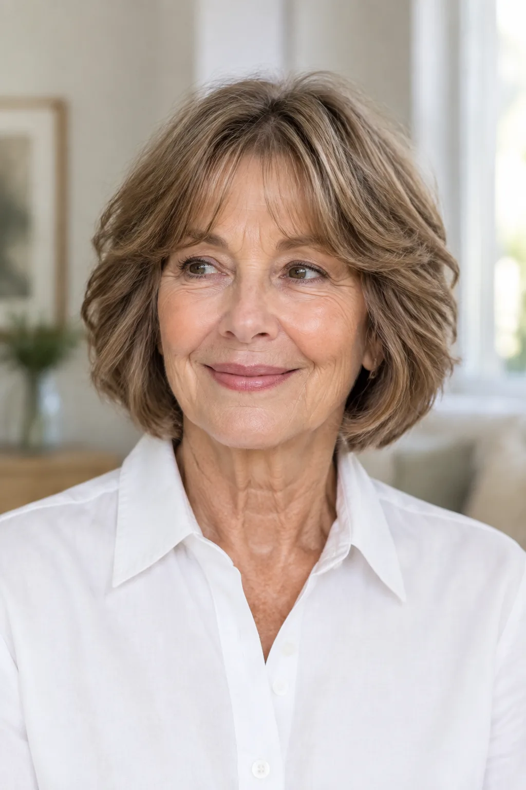 Woman over 50 with a light brown layered bob and arched bangs facing forward in a home setting