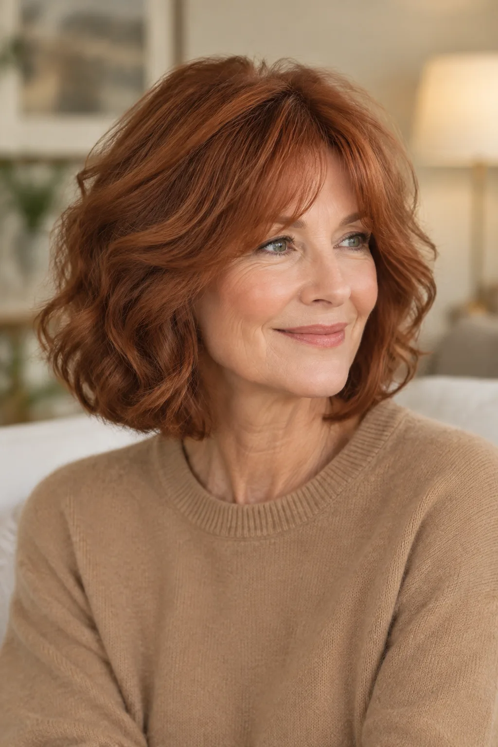 Woman over 50 with a red voluminous bob and bottleneck bangs turned slightly in a living room