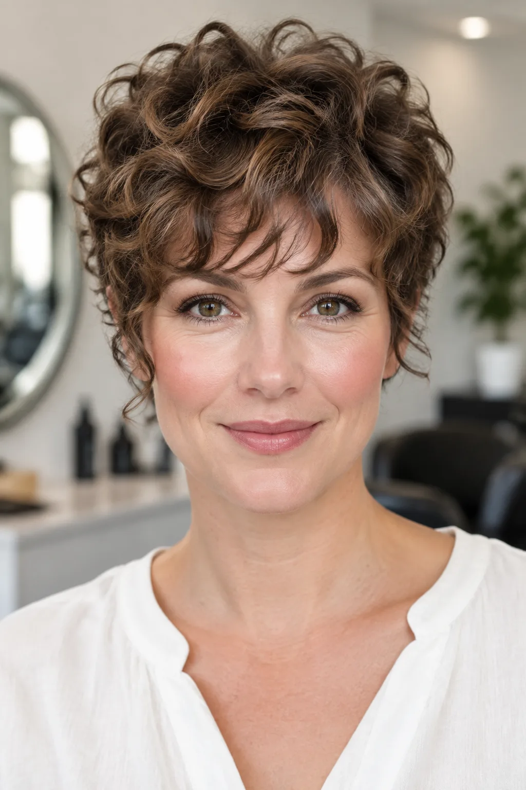 Woman with a short curly pixie haircut and tapered nape in a modern salon setting